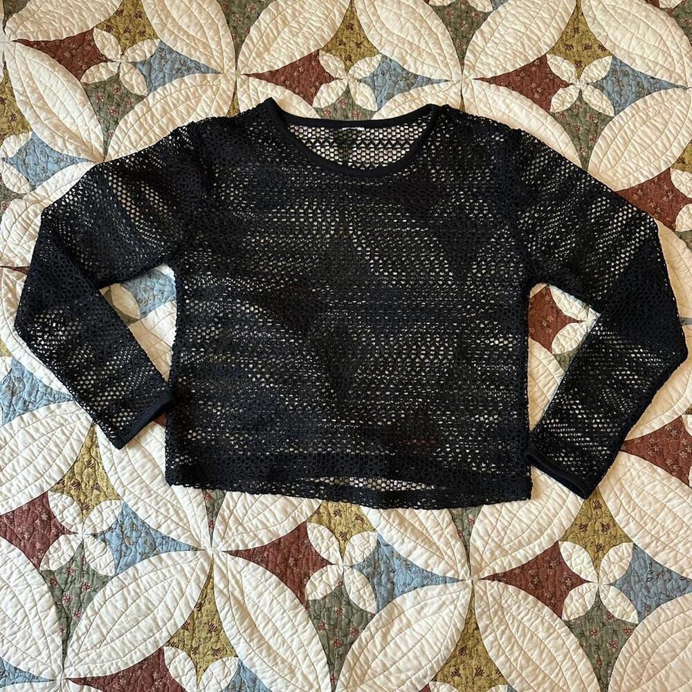 Black crochet mesh long sleeve top size M grunge goth whimsigoth emo layer fairy